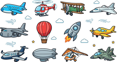 Collection of cute aircraft flat vectors including biplane blimp hang glider spaceship and military fighter jet clipart for aviation and transport industry designs © MdShakib