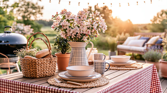Cozy Garden Breakfast Table with Potted Flowers and Picnic Food