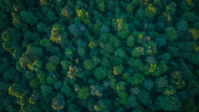 Dense canopy of a lush green forest viewed from directly above, showing a thick layer of tree tops and foliage in varying shades of deep forest green