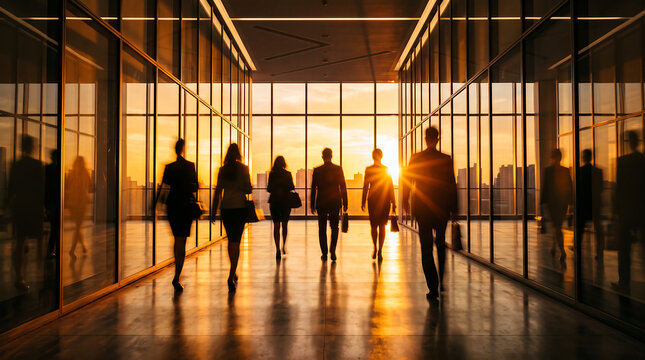 silhouetted business people walking along modern glass office hallway towards bright city sunset representing leadership teamwork career success and future corporate vision