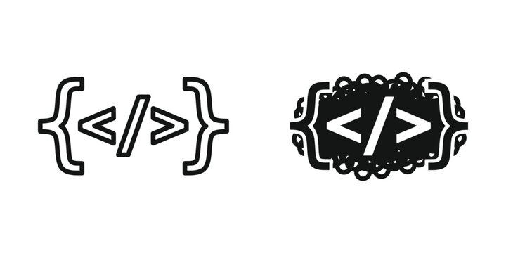 Abstract code symbols within curly and angle brackets representing programming concepts and digital data structures on a white background