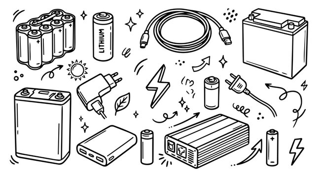 Hand drawn doodle vector collection of battery storage and charging featuring battery pack, lithium battery, charger, power bank, inverter isolated on white background