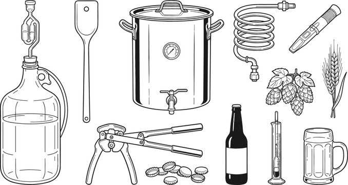 Home Brewing Equipment and Craft Beer Making Icons Set with Fermentation Jug Kettle Bottles Ingredients and Tools for Brewery Vector Illustration