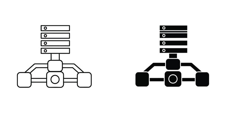 Server rack icon with network diagram and connections clean white background minimalist vector graphic for tech concepts
