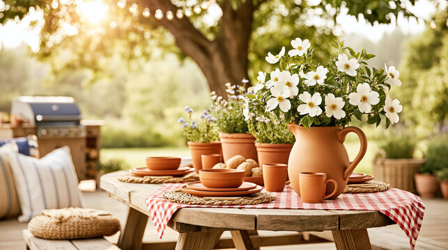 Cozy Outdoor Dining Table on Flower-Filled Country House Terrace