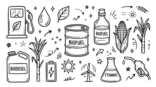 Hand drawn doodle vector collection of biofuel featuring biofuel pump, fuel droplet, fuel barrel, biodiesel, ethanol, renewable energy elements isolated on white background