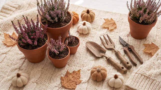 Potted heather and garden tools arranged with purple flowers on a knitted blanket. Rustic autumn gardening concept for seasonal decor and horticulture