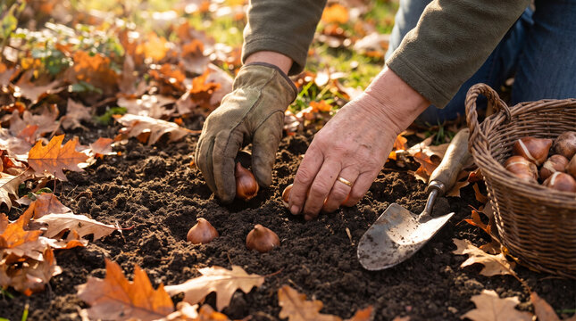 Woman hands planting autumn flower bulbs into garden soil with fallen leaves. Seasonal gardening activity preparing spring blooms and home landscapes
