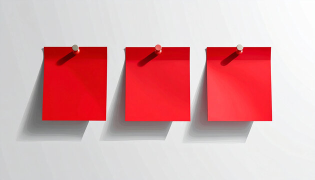 Three red blank paper notes pinned on a white wall for office communication and to-do lists