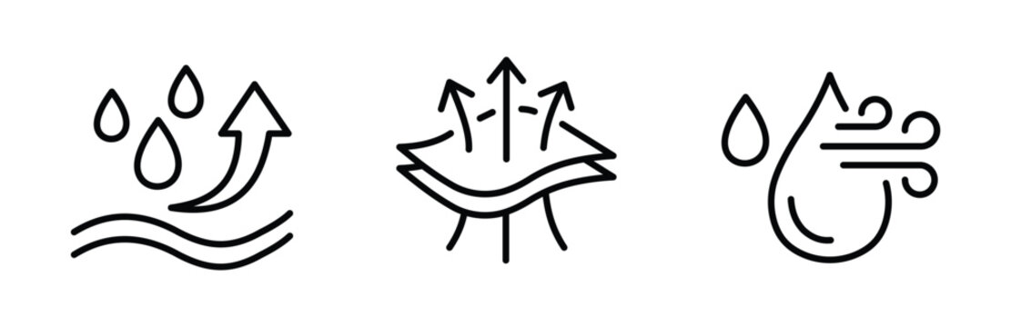 Set of moisture wicking, breathable fabric and quick dry icons vector illustration of textile properties symbols