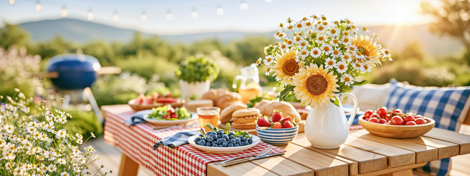 Cozy Summer Picnic Table with Fresh Berries and Daisies
