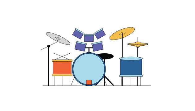 Colorful flat vector illustration of a complete musical drum kit including cymbals, snare drum, bass drum, toms, and a stool.