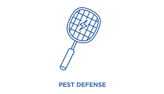 Electric mosquito swatter line art icon under a bold pest defense text label on a clean white background for insect control.