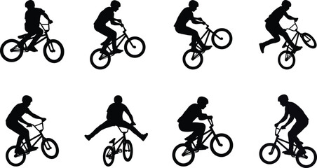 Fototapeta premium BMX Rider Silhouette Tricks Icons Set Featuring Freestyle Cycling Stunts Jumps and Extreme Sports Actions