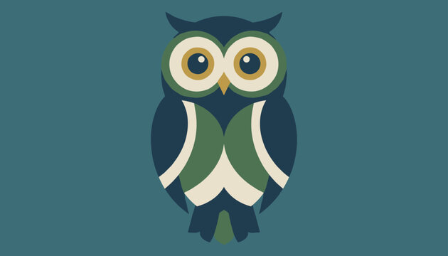 Detailed graphic illustration of a majestic owl with green and dark blue feathers on a solid blue background.