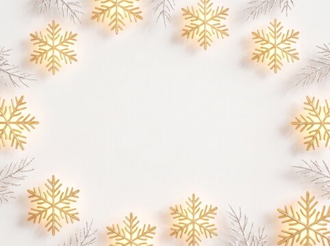 Golden snowflake Christmas frame on white background, elegant winter holiday border with pine branches, festive seasonal greeting card template