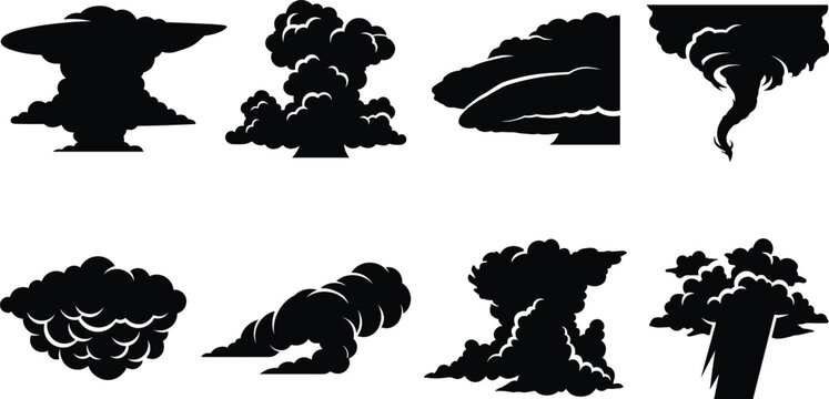 Collection of Explosion Smoke Cloud Silhouettes with Blast Effects Isolated on White Background Vector Set