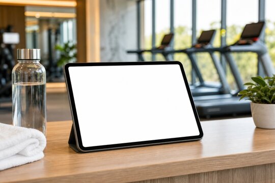 Tablet mockup with blank screen on gym desk in wellness center