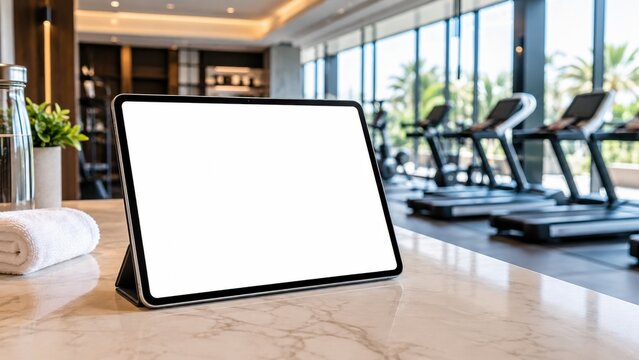 Blank tablet mockup on gym counter with treadmills