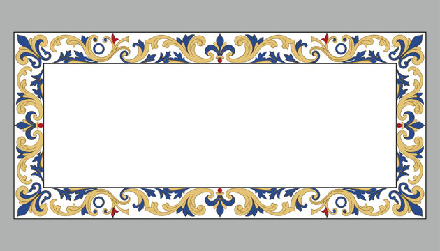 Beautiful rectangular frame design featuring classical blue, gold, and red ornate baroque style floral scrolls.