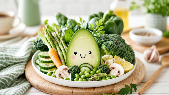 Cute Smiling Avocado with Fresh Green Vegetables for Healthy Kids Food Concept