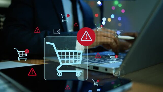 Holographic online shopping cart on tablet, Business person using a laptop with shopping cart and warning icons on screen, Online store risk, payment issues, and e-commerce alerts in a modern office 