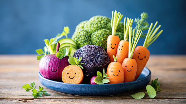 Cute Smiling Vegetables on Plate for Healthy Kids Nutrition Concept