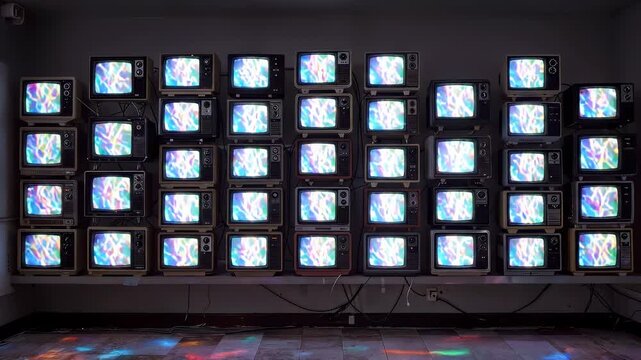Wall of vintage television sets displaying colorful abstract patterns. Static wide shot of retro media installation.
