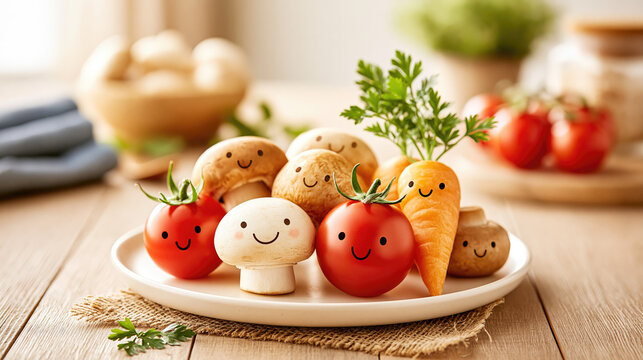 Cute Smiling Mushrooms and Vegetables on Plate for Kids Food Concept