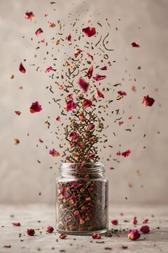 Dried rose petals and green tea leaves exploding from glass jar
