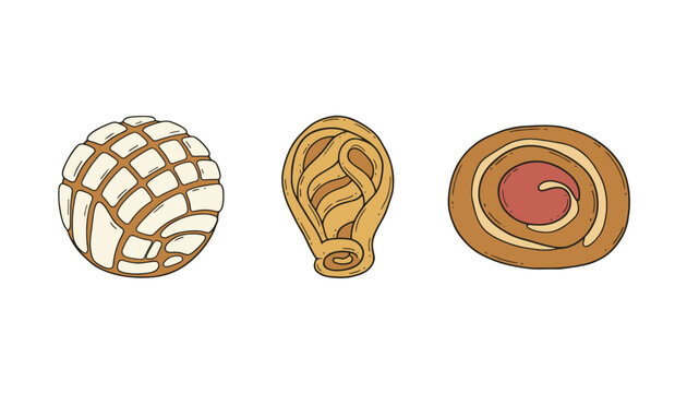Delicious set of three hand-drawn traditional Mexican sweet breads including a concha, oreja, and a strawberry ojo.