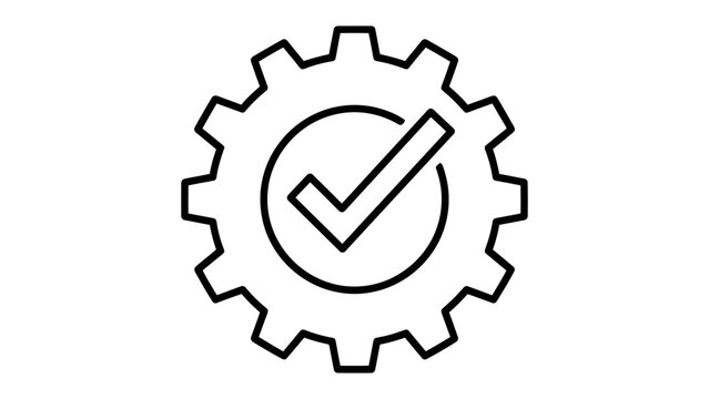 Gear with Checkmark Icon: A simple and clean line art illustration of a gear wheel with a checkmark inside a circle, symbolizing efficiency, approval, and successful implementation.
