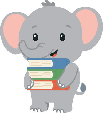 A cute cartoon elephant is smiling while holding a stack of colorful books, symbolizing learning, reading, and education.