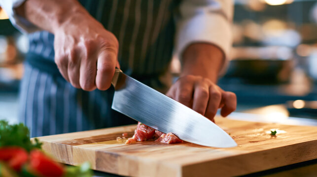 Professional chef slicing fresh raw meat on wooden cutting board in restaurant kitchen