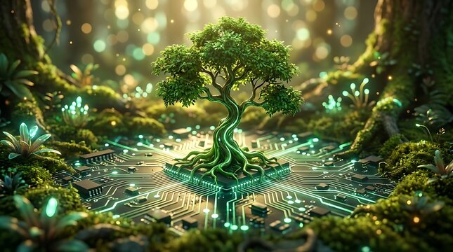 A magical glowing tree standing in the center of an enchanted forest with digital circuit board roots