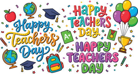 Fototapeta premium Colorful happy teachers day greeting card background with school supplies and festive decorations on a white background