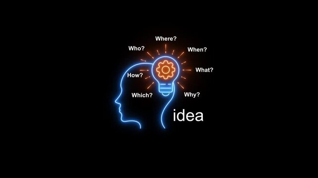 Neon brainstorming concept: creative thinking, problem solving and innovation process with lightbulb gear