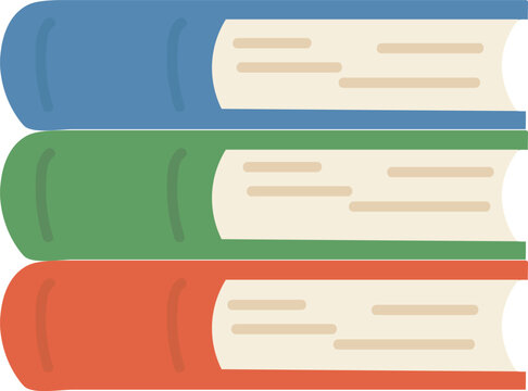 A stack of three colorful hardcover books in blue, green, and orange is illustrated in a simple flat vector style, symbolizing education and reading.