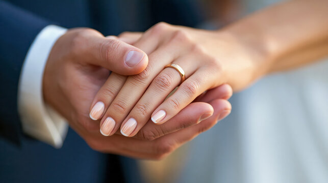 Close-up of newlywed couple holding hands with gold wedding ring on finger during wedding ceremony
