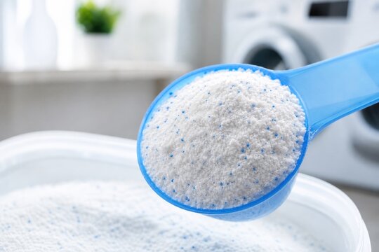 Blue scoop with laundry detergent powder in laundry room