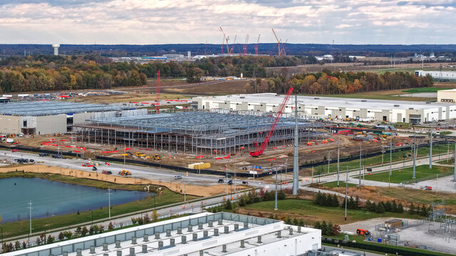 Large industrial data center construction expanding urban infrastructure