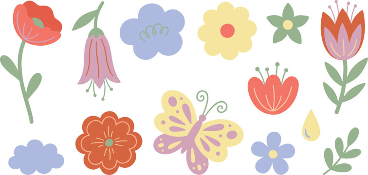Collection of cute pastel hand-drawn spring flowers, leaves, and a butterfly vector illustration set isolated on a white background.