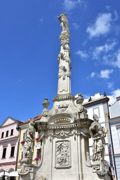 Masaryk square with Marian plague column in town Trebon,Czech republic