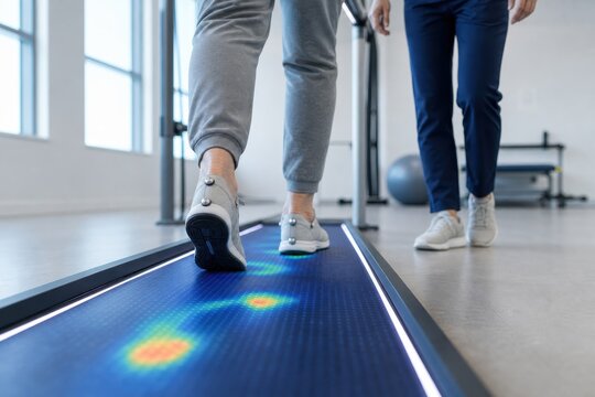 Senior patient using gait analysis system in modern rehab clinic