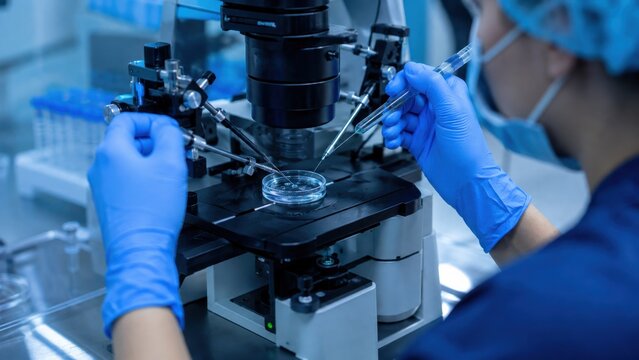 Embryologist working with microscope in IVF laboratory