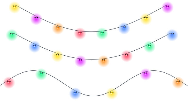 Colorful glowing string lights for festive party celebration and holiday home decoration isolated on transparent background