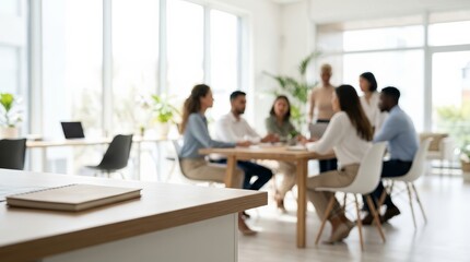 Fototapeta premium Out of focus office background showing a professional team meeting in a bright workspace.