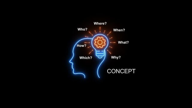 Neon brainstorming concept: human head silhouette with glowing lightbulb and gear idea process innovation
