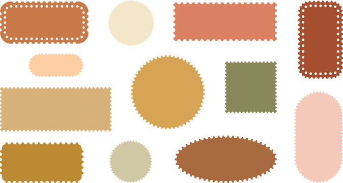 Collection of blank postage stamp templates in various geometric shapes and earth tone colors featuring perforated edges isolated on a white background.