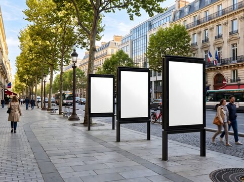 Three blank vertical billboards on a busy European city street with pedestrians and traffic